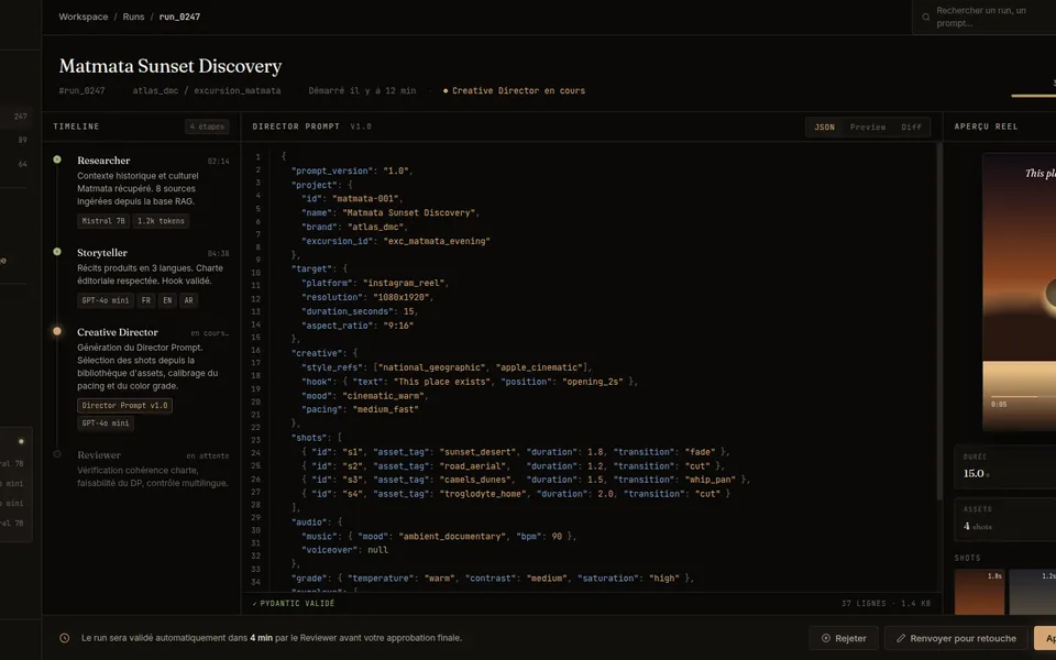 Tableau de bord JARVIS Core : timeline des agents, Director Prompt en JSON et aperçu du reel généré