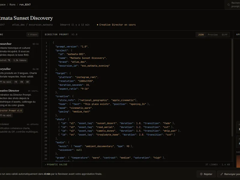 Tableau de bord JARVIS Core : timeline des agents, Director Prompt en JSON et aperçu du reel généré