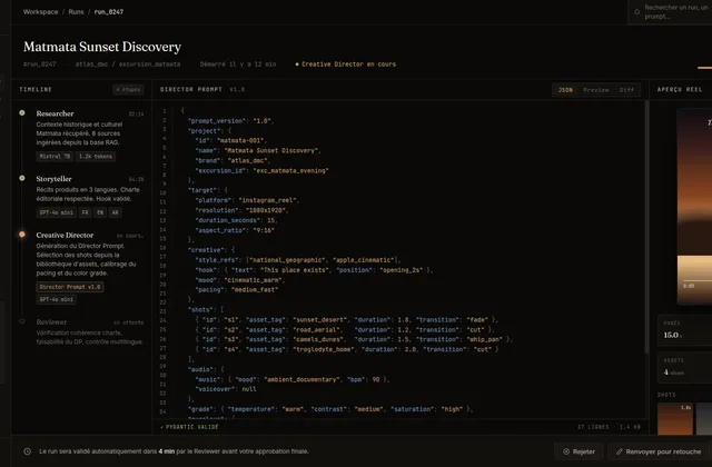 Tableau de bord JARVIS Core : timeline des agents, Director Prompt en JSON et aperçu du reel généré