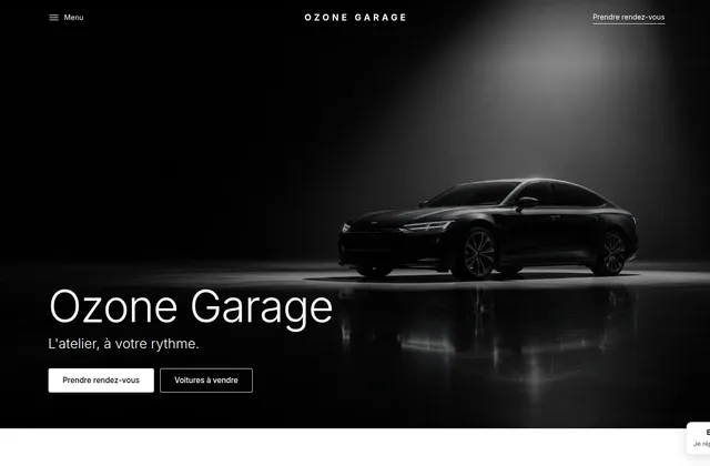 Site public d'Ozone Garage : page d'accueil avec prise de rendez-vous, voitures à vendre et assistant