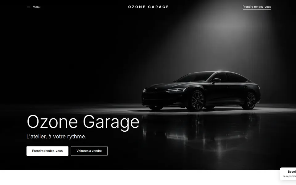 Site public d'Ozone Garage : page d'accueil avec prise de rendez-vous, voitures à vendre et assistant